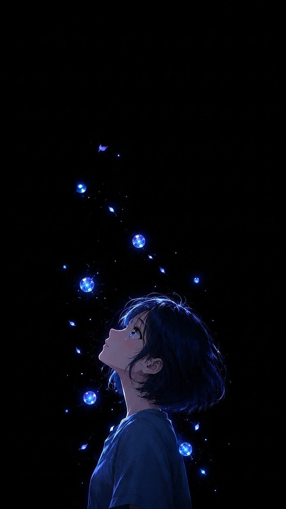 Anime Girl Looking at Glowing Orbs 4K Wallpaper