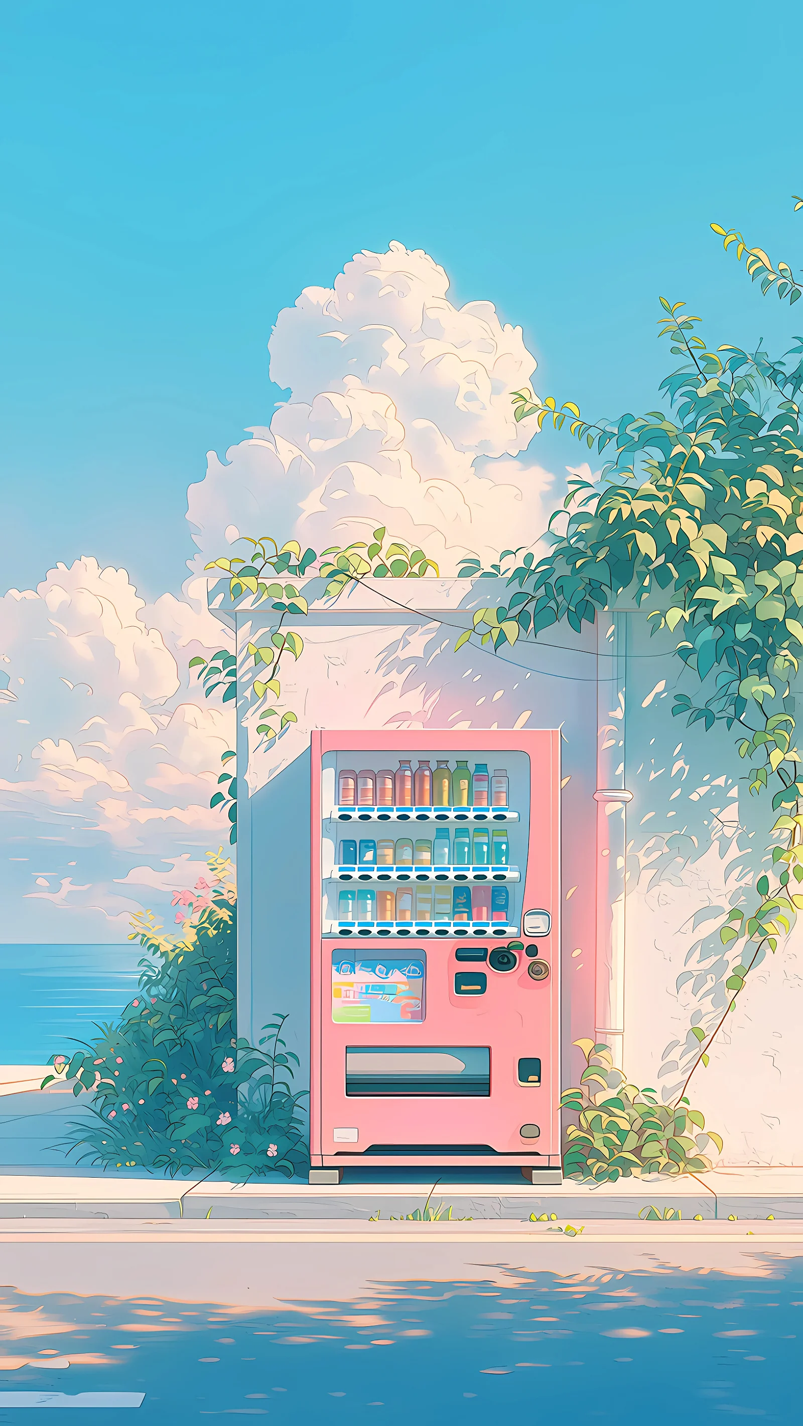 Pink Vending Machine by Sea 4K Wallpaper