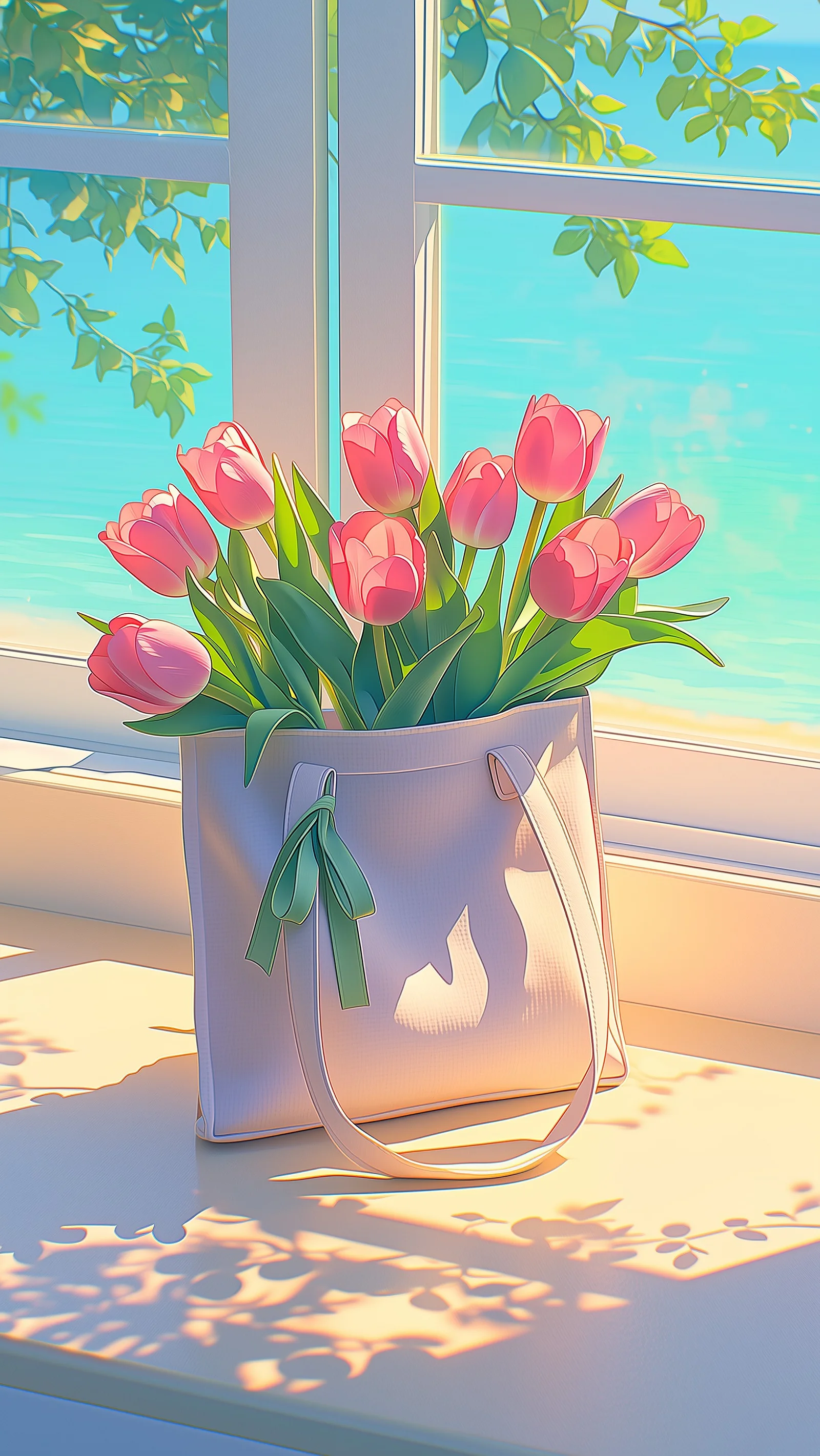 Pink Tulips in Tote Bag by Window 4K Wallpaper