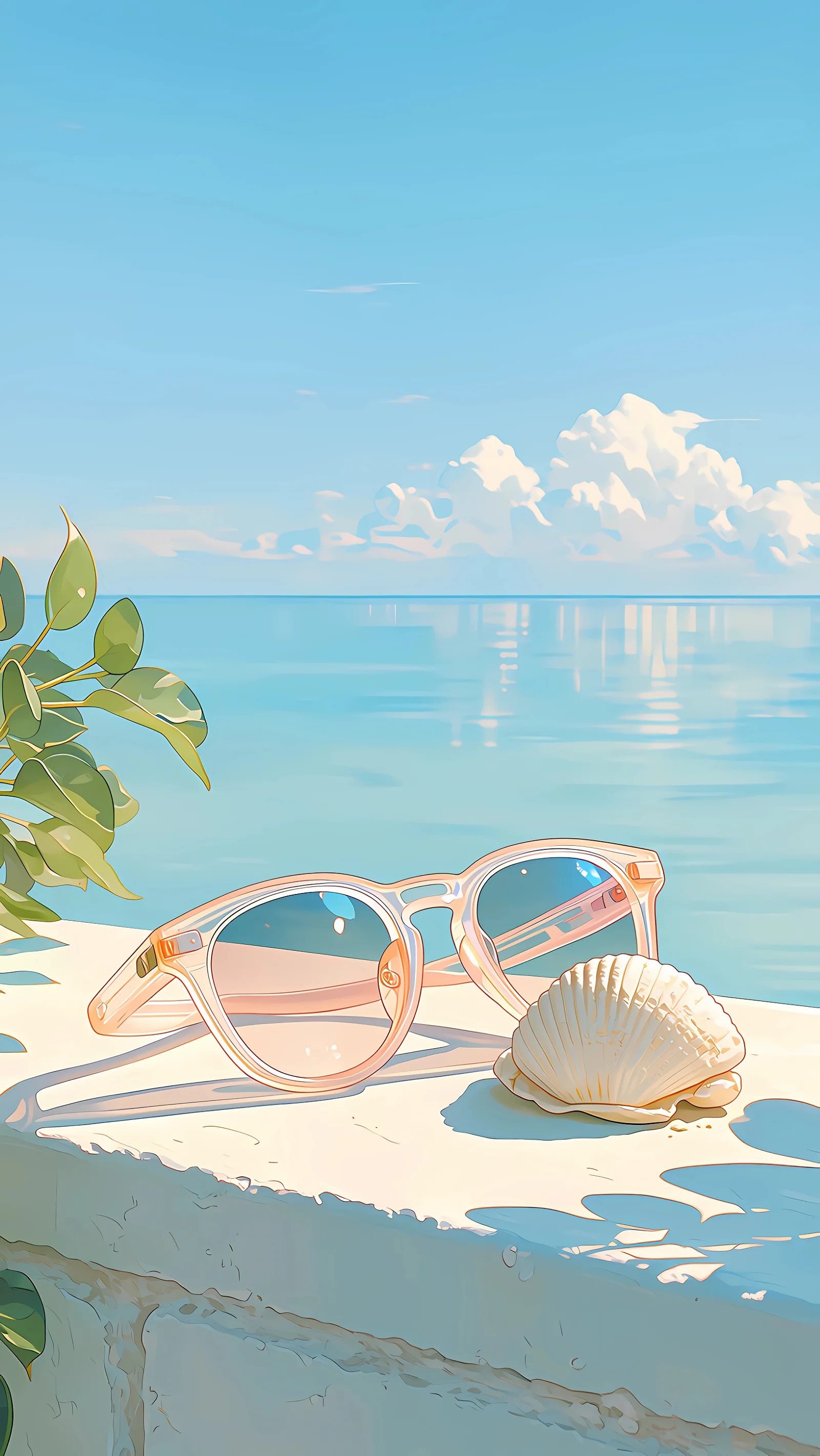 Sunglasses and Shell by the Ocean 4K Wallpaper